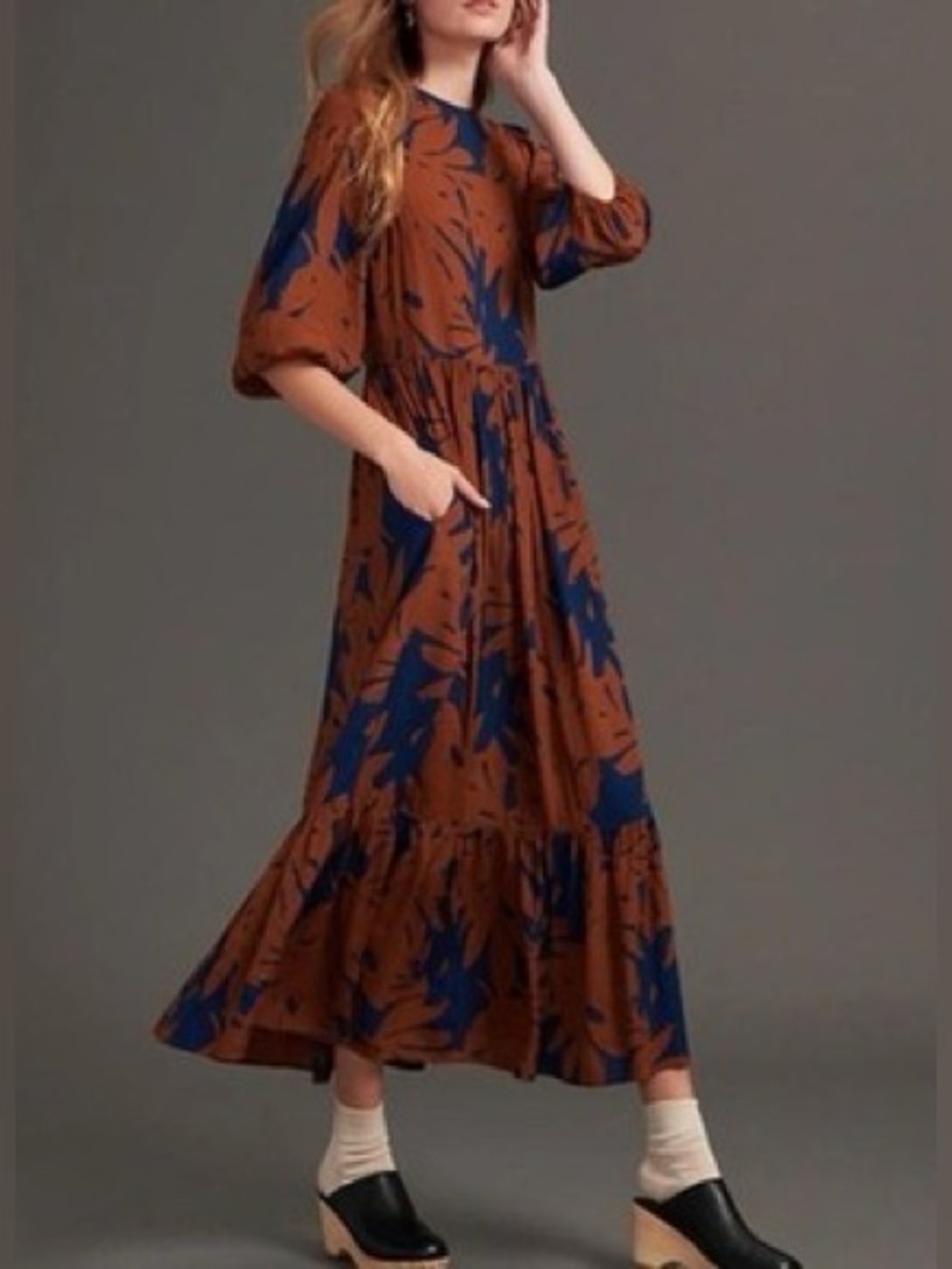 Anthropologie Porridge Kiera Brown & Blue Floral Tiered Maxi Dress NWOT